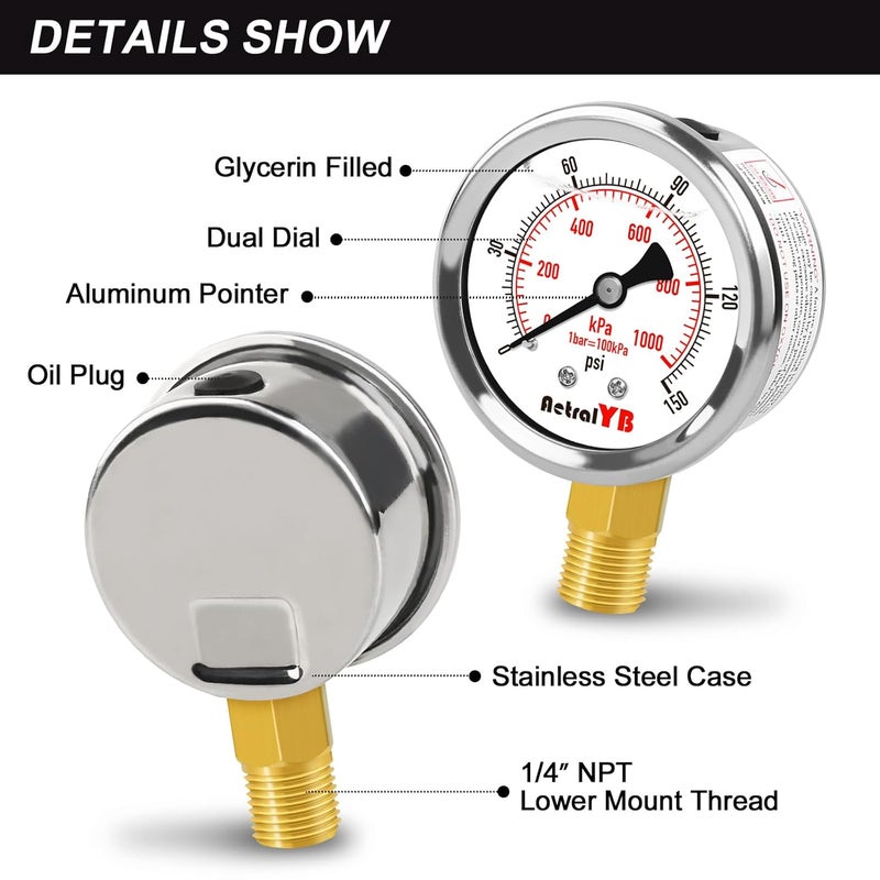 AetralYB 0-150 PSI Pressure Gauge, Liquid-Filled, 2-Inch, Stainless Steel Case, Brass Internals, 1/4" NPT Bottom Mount, Pressure Gauge for Air Compressor, RV Regulator, and Industrial Use - Image 4